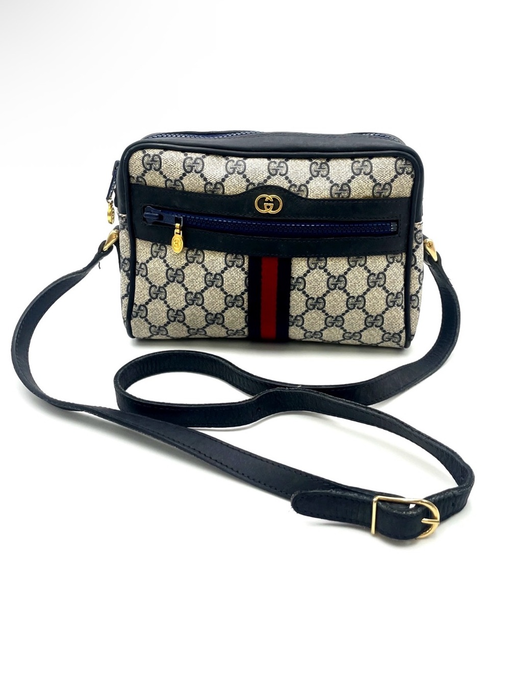 Authentic Gucci GG Supreme Sherry Line Leather Navy Shoulder Bag comes with COA
